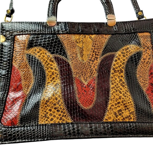 Vintage 80s Leather Satchel Bag Handle Large Purse Handbag Women Black Red Snake - Picture 5 of 16